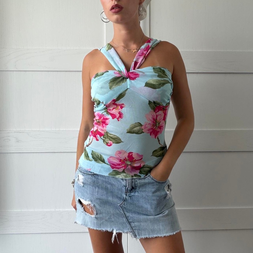 Y2K Sirens Blue Floral Mesh Halter Top